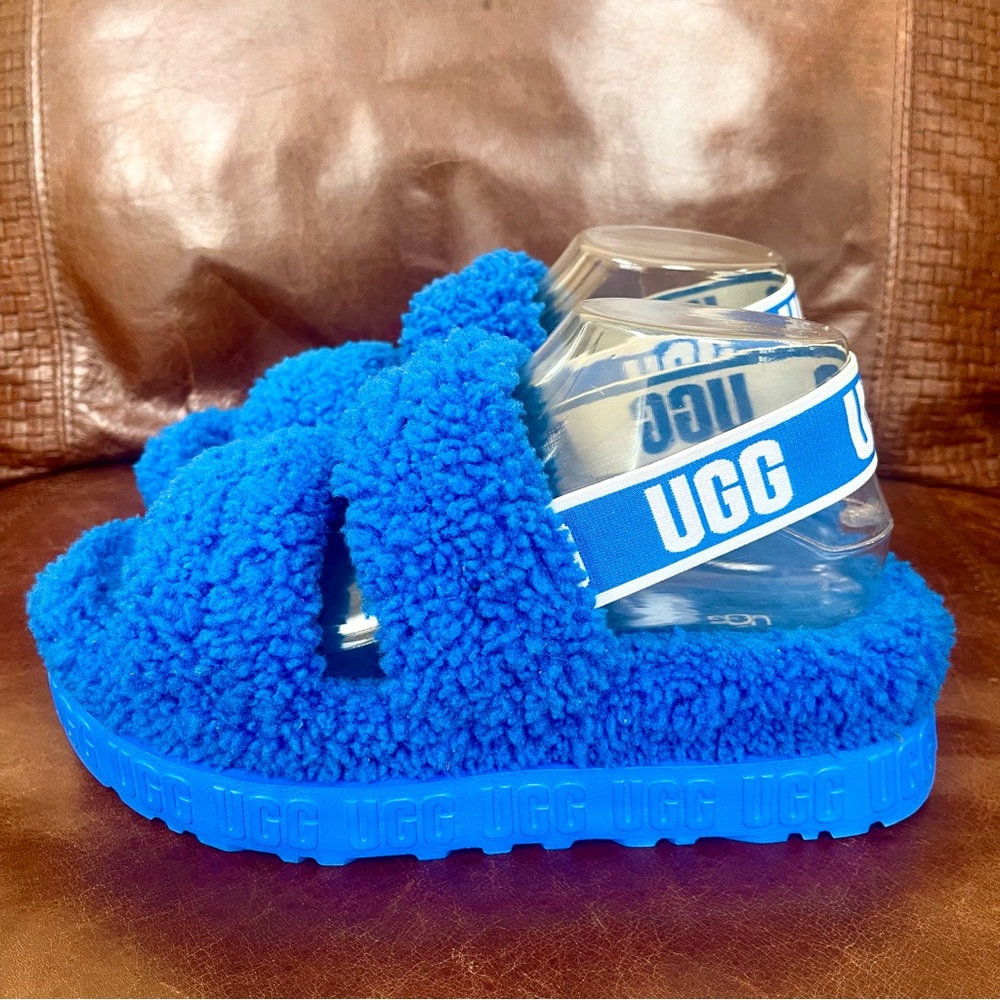 UGG Oh Fluffita Genuine Shearling Platform Wedge Sandals Bright Royal Blue Color